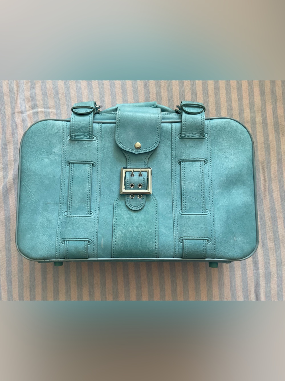 Rare Vintage “Three Star” Turquoise blue faux leather suitcase silver hardware